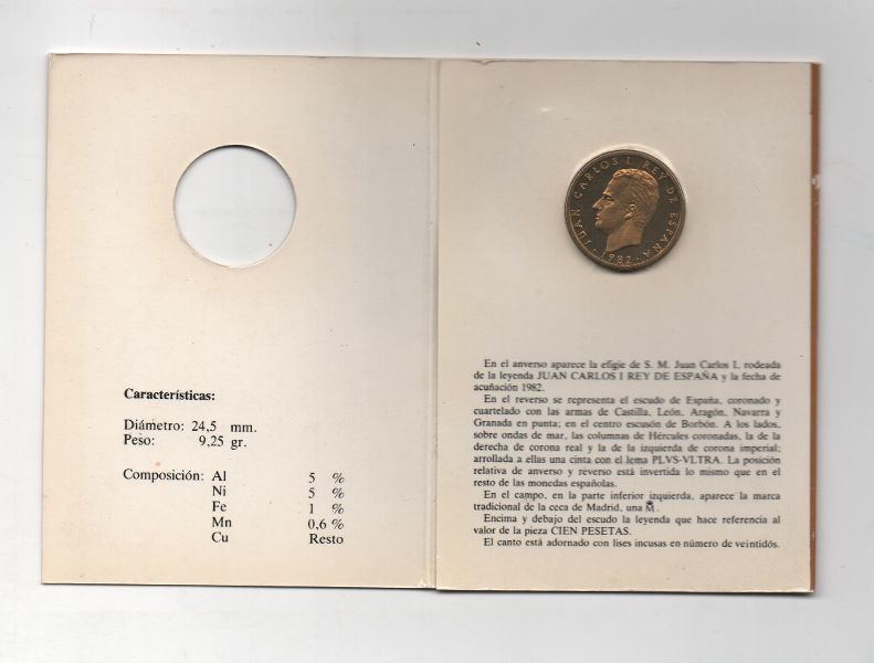 ESPAÑA CARTERA OFICIAL DE PESETAS J. CARLOS I DEL AÑO 1982 PRUEBA NUMISMATICA DE 100 PESETAS