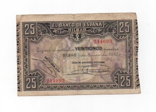 ESPAÑA BILLETE LOCAL REPUBLICANO DEL AÑO 1937 DE 25 PESETAS. BILBAO