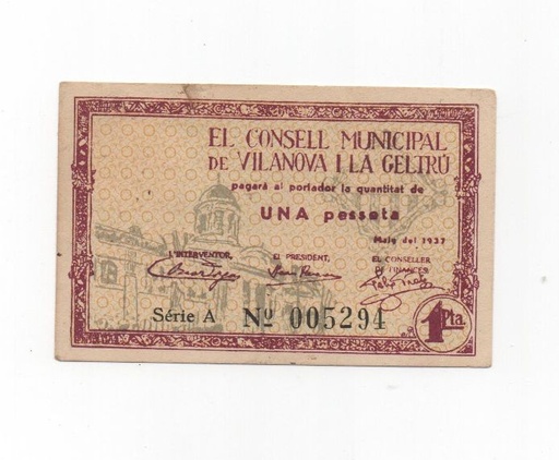 ESPAÑA BILLETE LOCAL REPUBLICANO DEL AÑO 1937 DE 1 PESETA. AYUNTAMIENTO VILANOVA I LA GELTRU