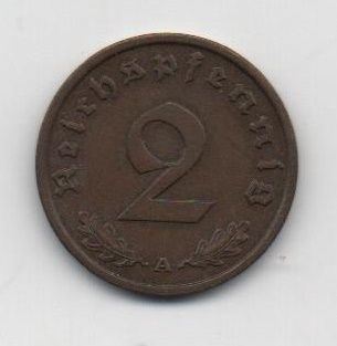ALEMANIA REICH DEL AÑO 1938 LETRA A DE 2 REICHSPFENNIG