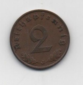 ALEMANIA REICH DEL AÑO 1938 LETRA J DE 2 REICHSPFENNIG