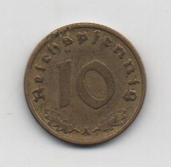 ALEMANIA REICH DEL AÑO 1938 LETRA A DE 10 REICHPFENNIG