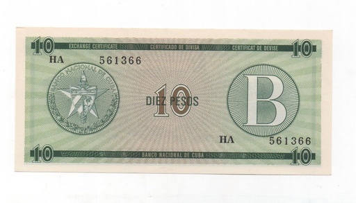 CUBA DEL AÑO 1985 DE 10 PESOS LETRA B